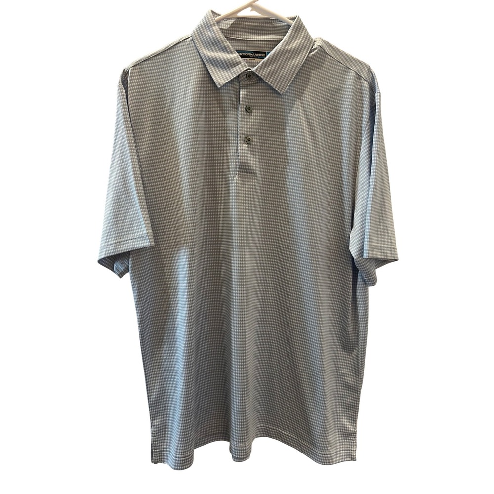 Roundtree & Yorke Performance Mens Large Blue Micro Check Polo Shirt Short Sleev